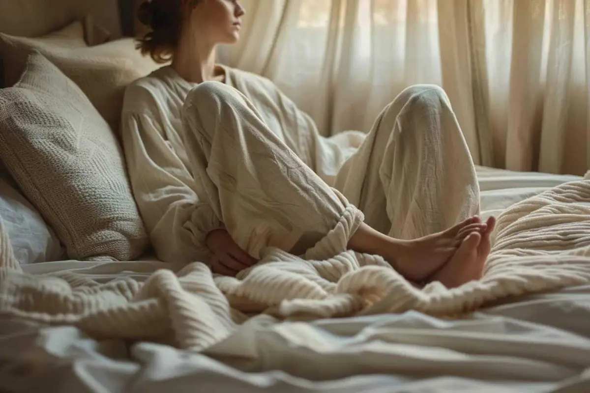 Personne assise au bord du lit étirant doucement son mollet le soir