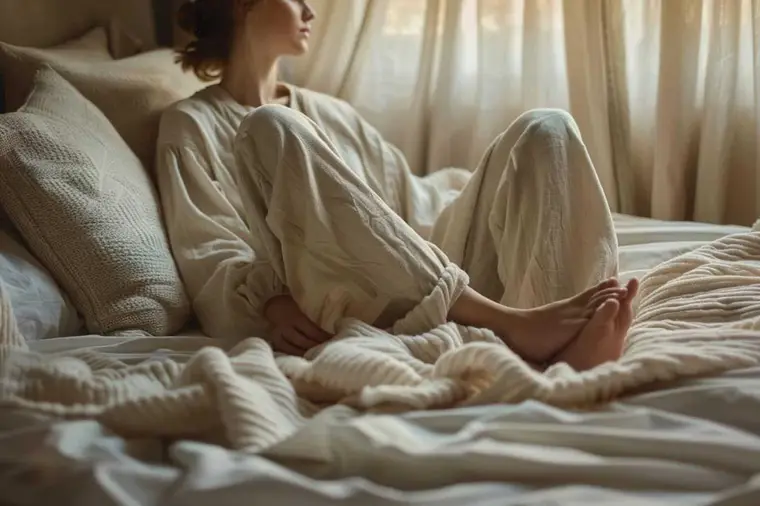 Personne assise au bord du lit étirant doucement son mollet le soir