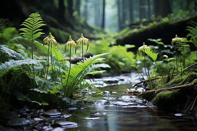 Photographe utilisant un reflex et téléobjectif dans une forêt brumeuse à l’aube