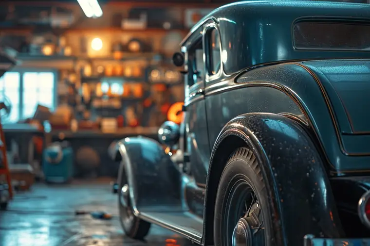Mécanicien inspectant le train avant d’une voiture ancienne dans un garage