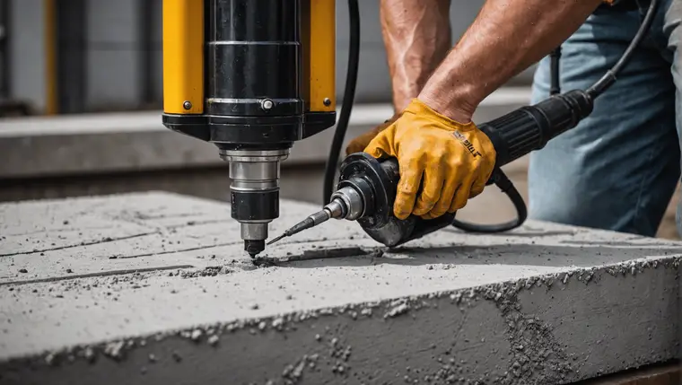 Bricoleur équipé de lunettes perçant prudemment un mur en béton