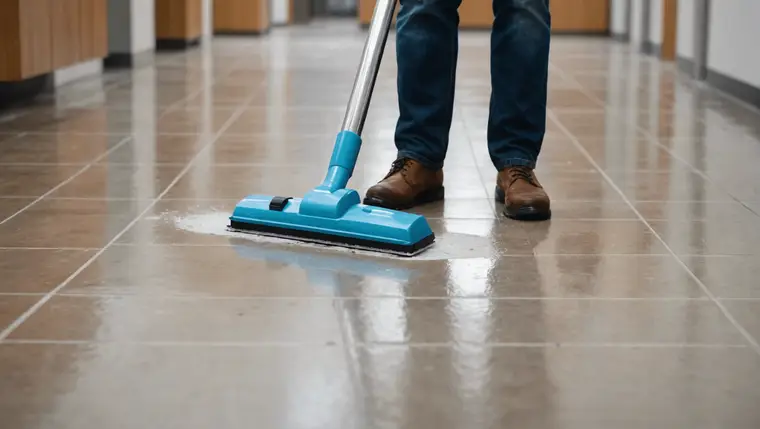 Personne lavant un carrelage de cuisine avec un balai microfibre