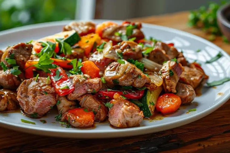 Sauté de veau aux carottes et champignons dans une cocotte en fonte