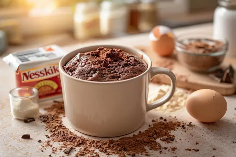 Mug cake au chocolat moelleux servi chaud dans un mug en céramique