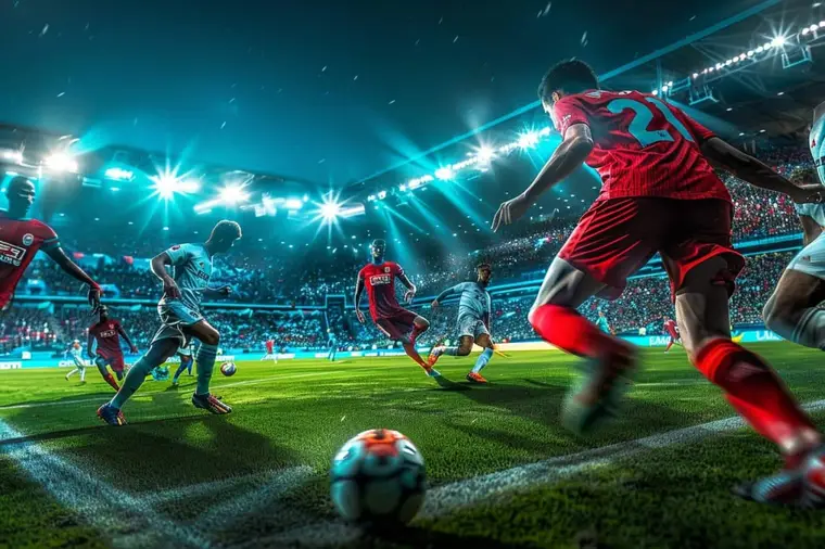 Joueur tenant une manette devant un match de football virtuel flou