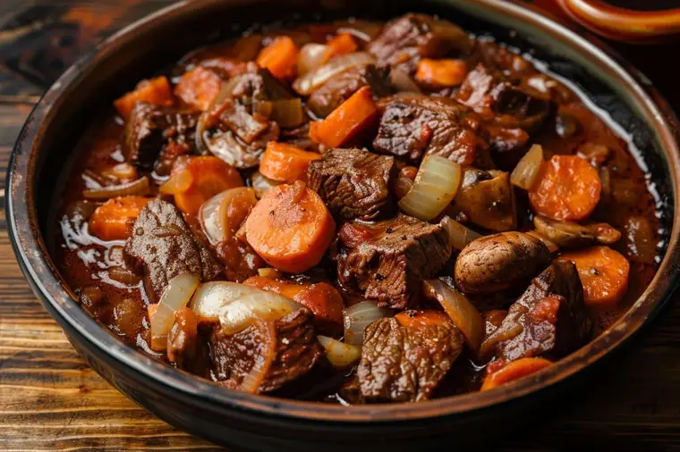 Cocotte de bœuf bourguignon mijotant avec carottes, champignons et petits oignons
