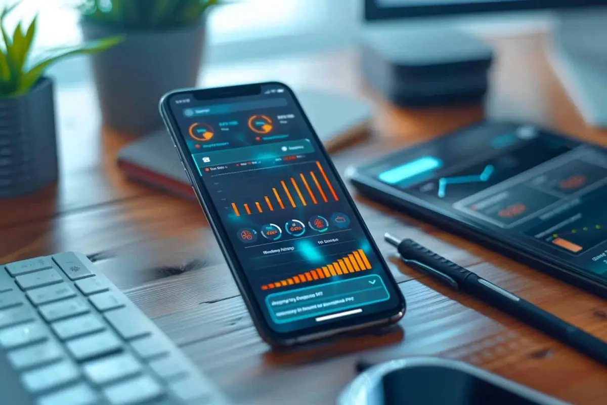 Technicien saisissant un compte rendu sur smartphone devant des rayonnages