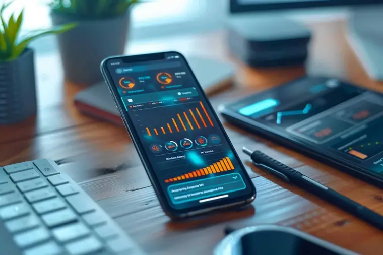 Technicien saisissant un compte rendu sur smartphone devant des rayonnages