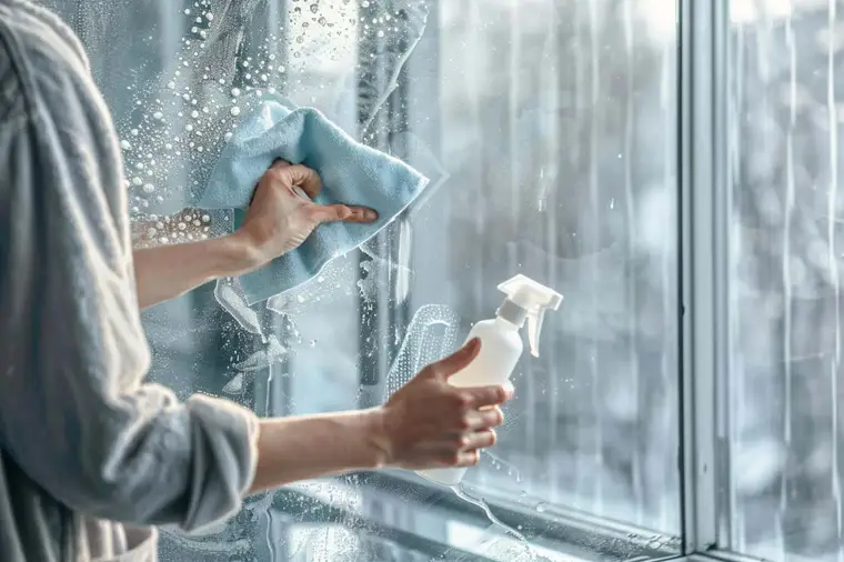 Deux chiffons microfibres nettoient et sèchent un miroir de salle de bains.