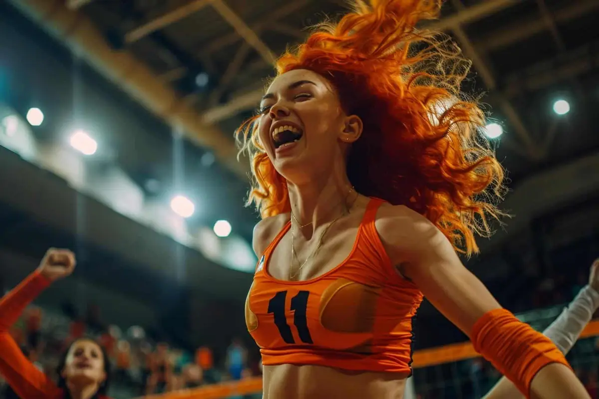 Joueur de volley adolescent aux cheveux orange sautant près du filet