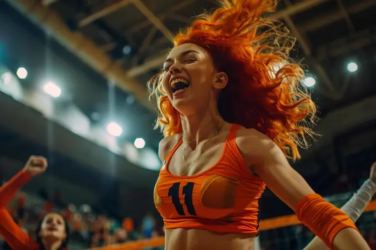 Joueur de volley adolescent aux cheveux orange sautant près du filet