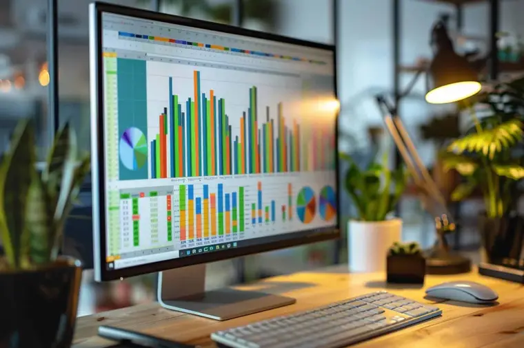 Graphique combiné avec colonnes et courbe analysé sur un bureau
