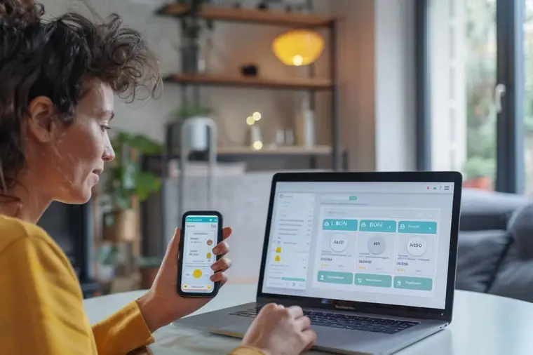 Personne gérant une annonce de vente depuis son smartphone à domicile