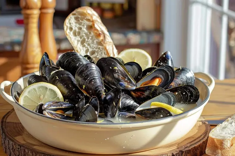 Moules ouvertes dans un faitout avec persil et échalotes