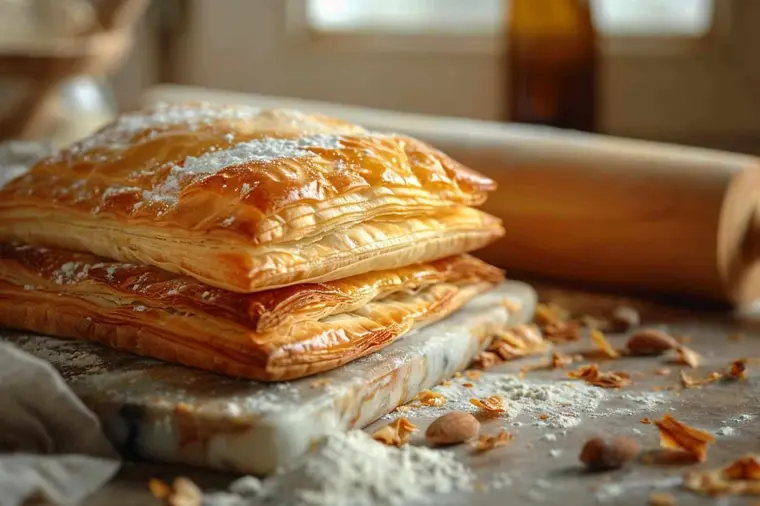Feuilleté salé doré ouvert, garni de champignons, poireaux et fromage