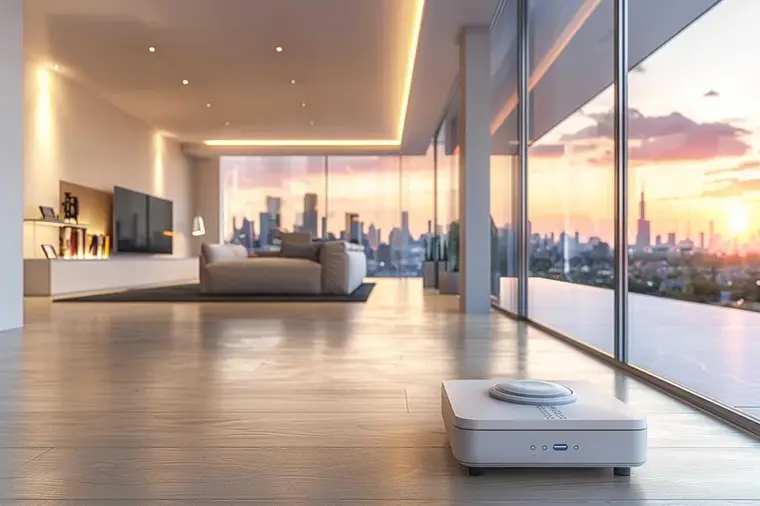 Salon d’appartement connecté avec éclairage indirect, volets motorisés et meubles épurés