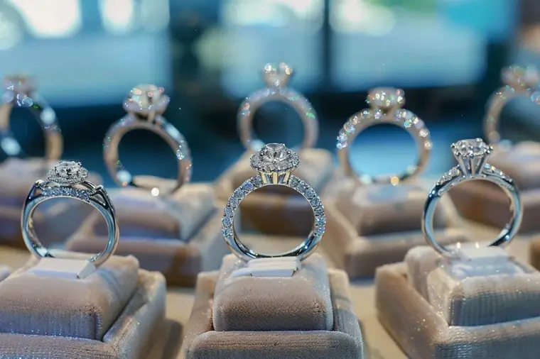 Mains examinant une bague de fiançailles en or sur un plateau
