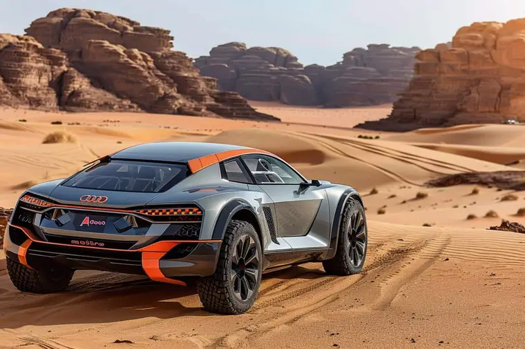 Prototype de rallye-raid électrique franchissant une dune dans le désert