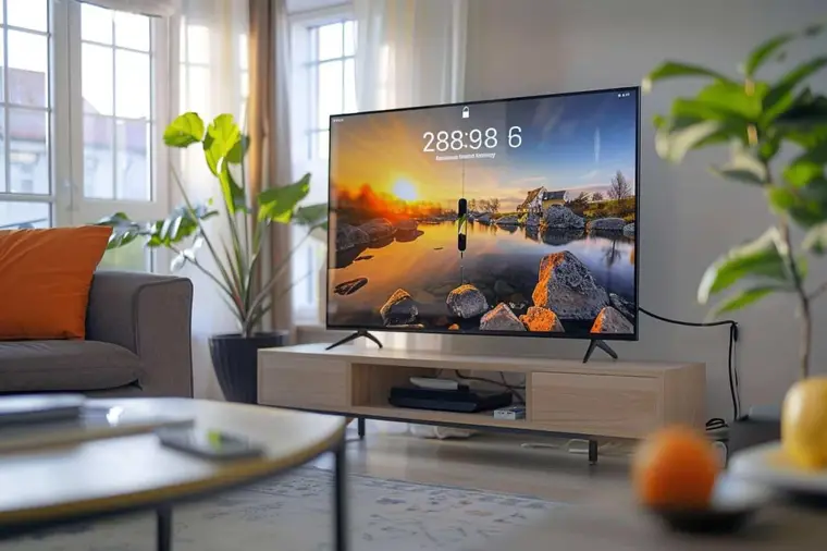 Main tenant un smartphone face à un téléviseur affichant une vidéo familiale