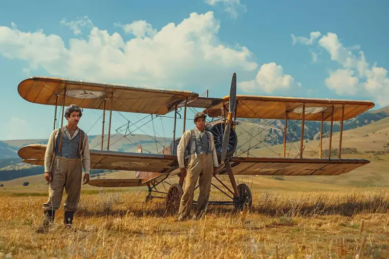 Réplique d’un biplan Wright sur des dunes venteuses au lever du jour