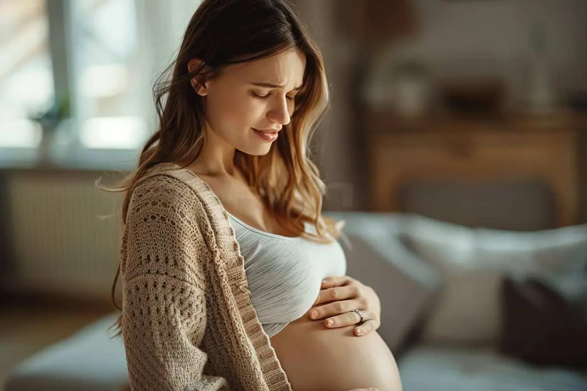 Femme enceinte assise au bord du lit tenant une protection hygiénique blanche
