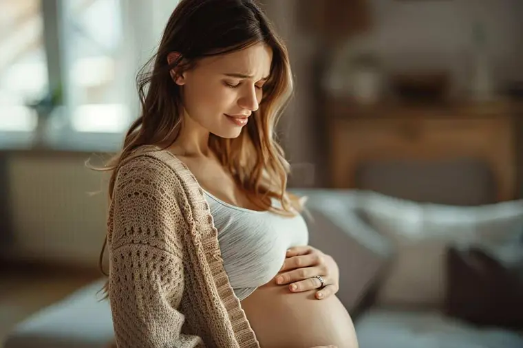 Femme enceinte assise au bord du lit tenant une protection hygiénique blanche