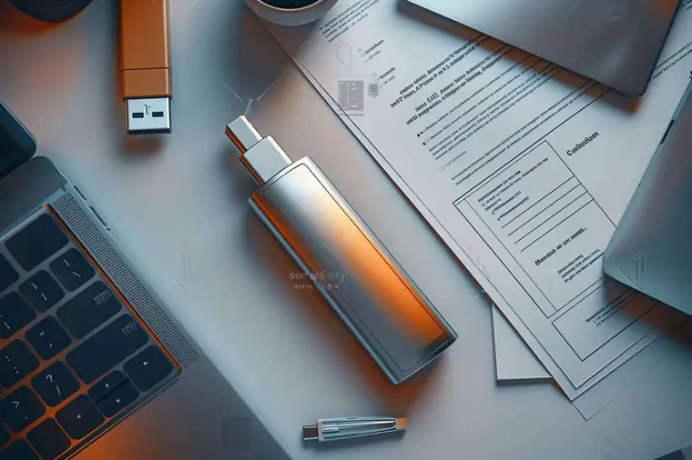Clé USB compacte posée près d’un ordinateur portable et d’un appareil photo