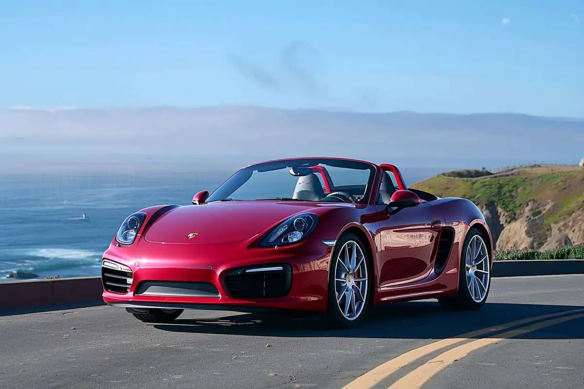 Roadster sportif décapoté inspecté avant un essai sur route de campagne