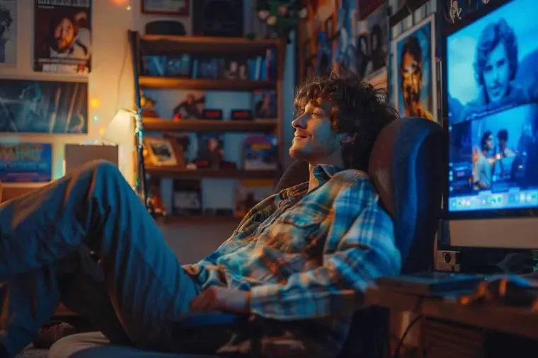 Spectateur choisissant un film sur une télévision dans un salon