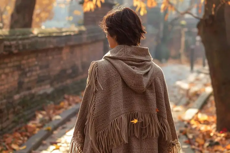 Femme portant un poncho camel avec jean droit et bottines en ville