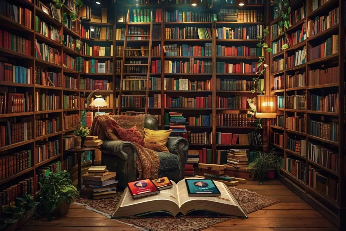 Lecteur comparant une liseuse électronique et des livres papier dans un salon