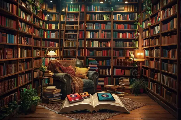Lecteur comparant une liseuse électronique et des livres papier dans un salon