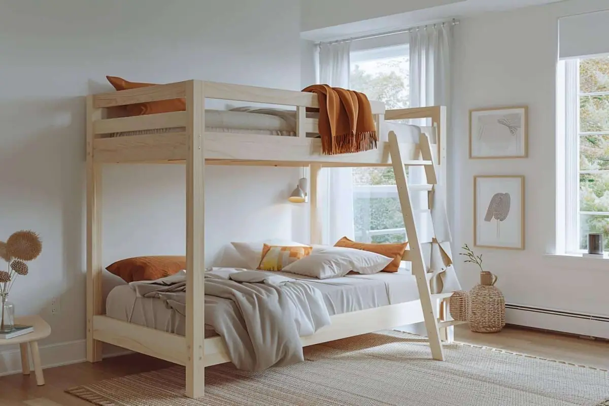 Lit mezzanine blanc au-dessus d’un bureau dans une petite chambre lumineuse
