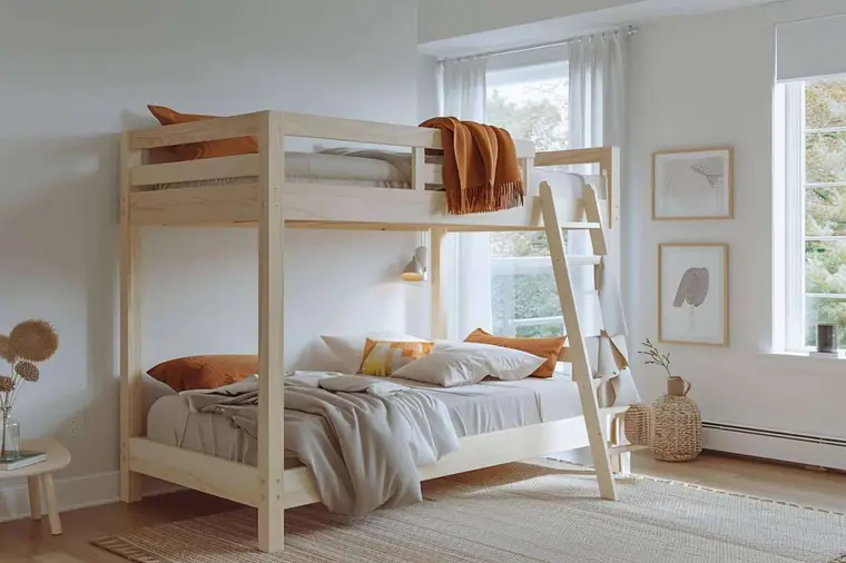 Lit mezzanine blanc au-dessus d’un bureau dans une petite chambre lumineuse