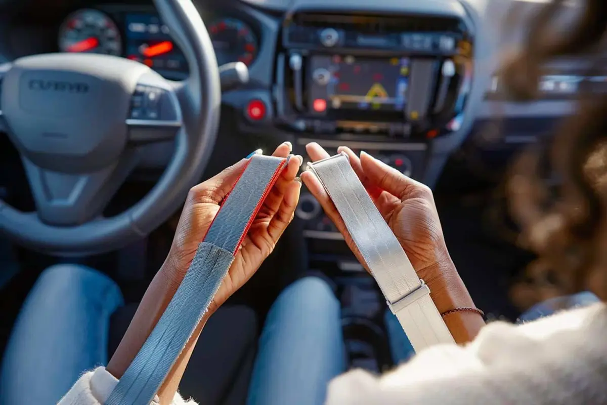 Passager inspectant la sangle et la boucle d’une ceinture de voiture