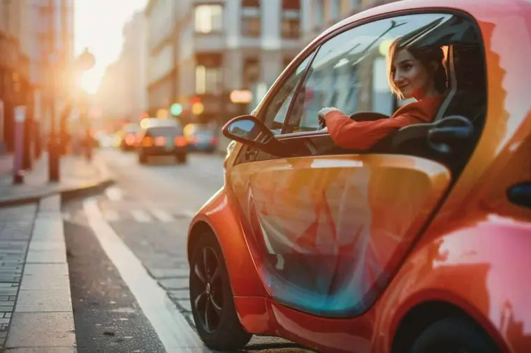 Adulte examinant une voiture sans permis compacte dans un showroom français