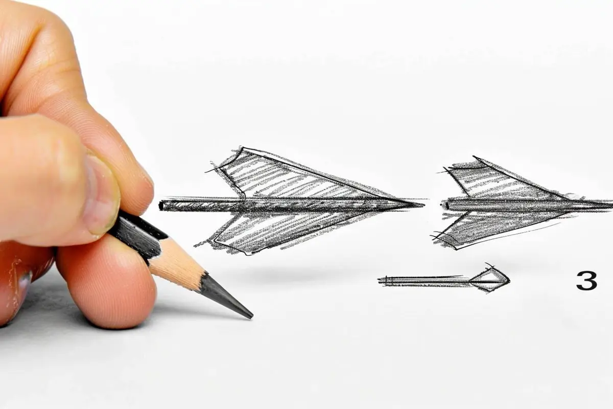 Main dessinant une flèche au crayon sur un carnet blanc