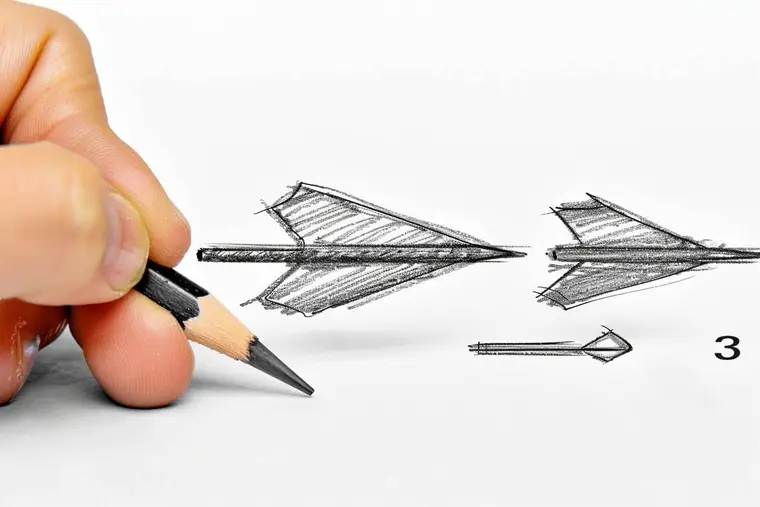 Main dessinant une flèche au crayon sur un carnet blanc