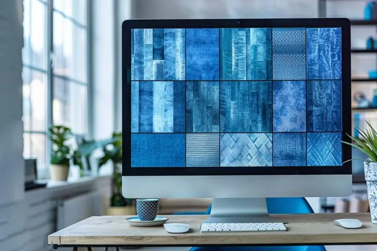 Bureau lumineux avec mur d’accent en papier peint bleu mat