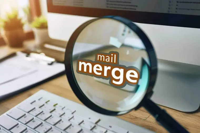 Personne préparant des courriers personnalisés et des enveloppes sur un bureau