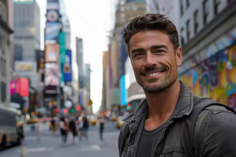 Portrait naturel d’un acteur américain devant un studio de cinéma californien