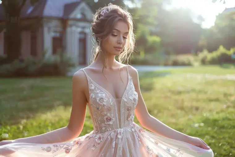 Invitée choisissant une robe midi colorée et des accessoires de mariage