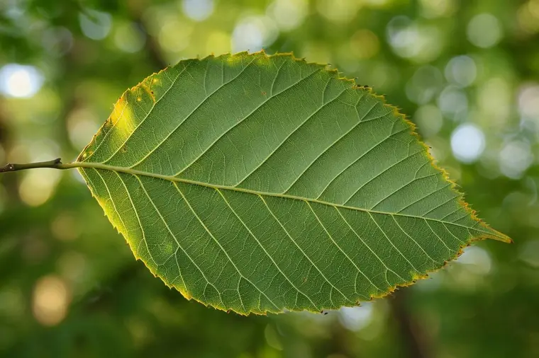 Feuille d’orme tenue à plat montrant sa base asymétrique et ses dents