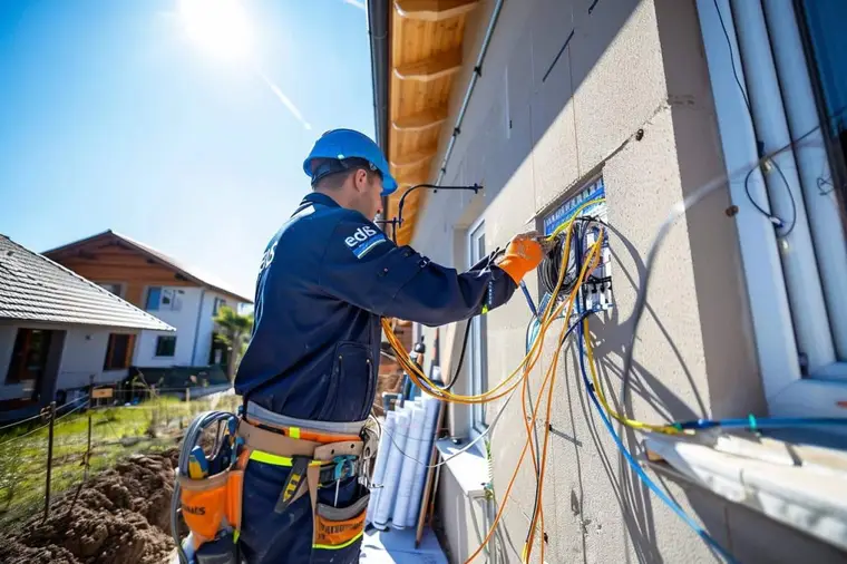 Électricien qualifié devant un coffret de raccordement d’une maison neuve