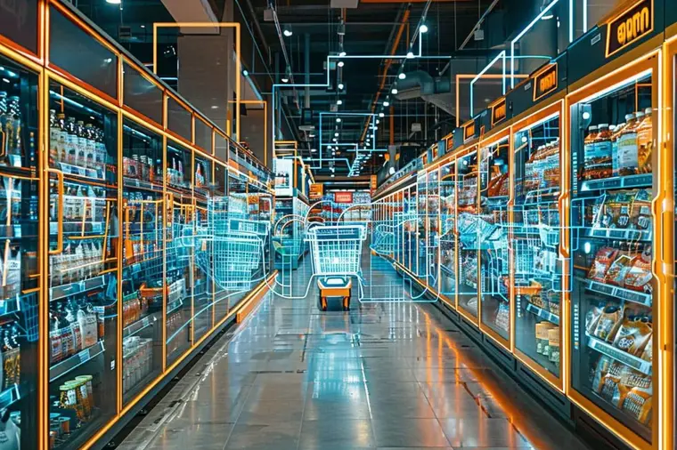 Cliente scannant un produit avec son téléphone dans un supermarché moderne