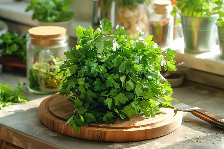 Bouquet de persil frais dans un verre d’eau au réfrigérateur