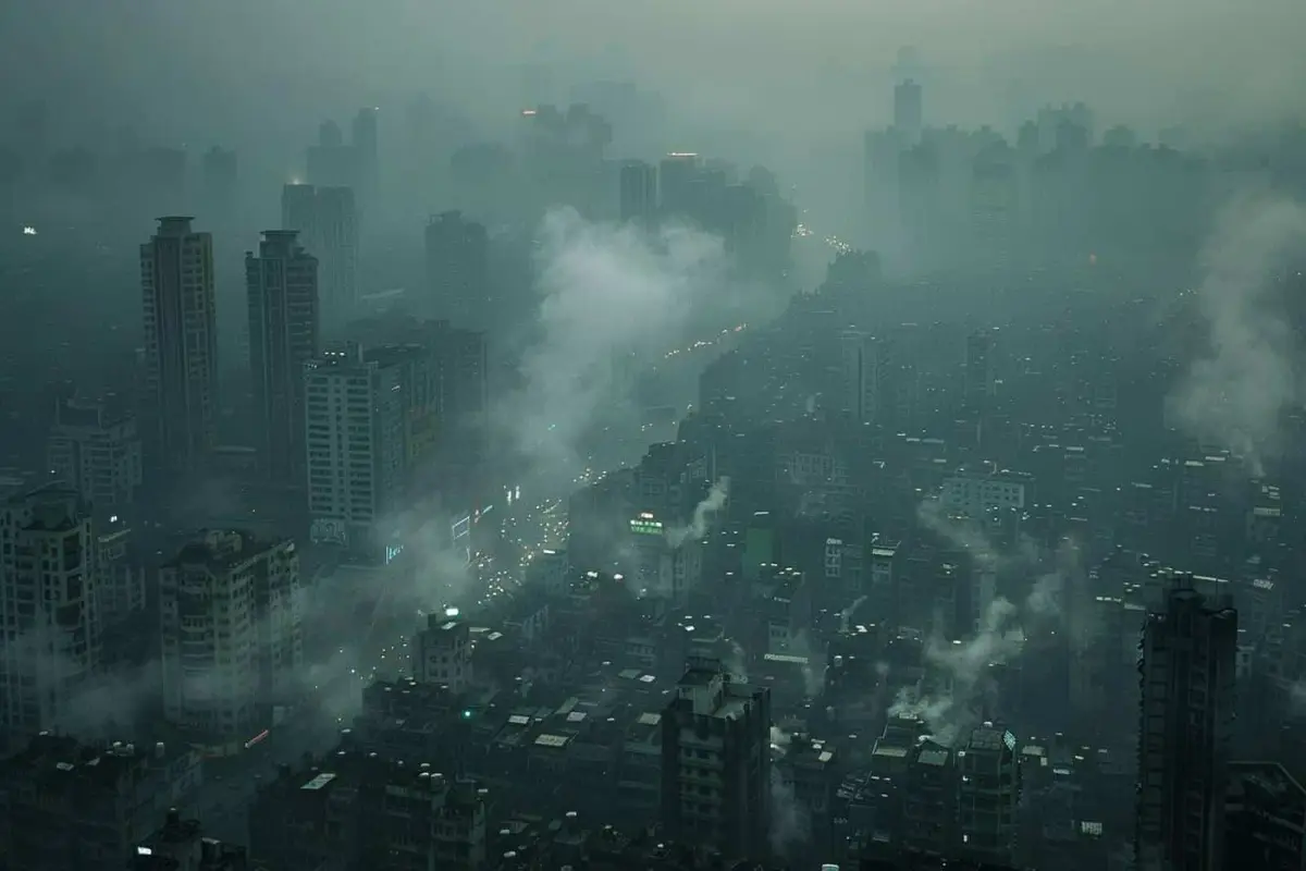 Circulation et brume hivernale dans une ville industrielle indienne