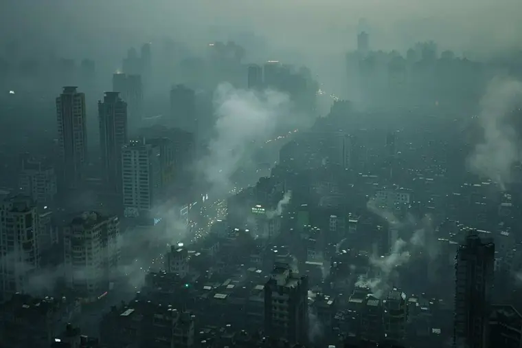 Circulation et brume hivernale dans une ville industrielle indienne