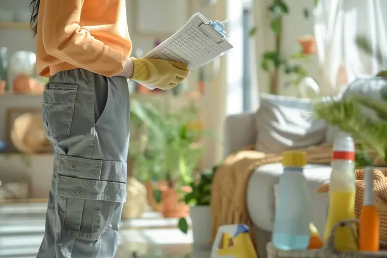 Panier de ménage organisé sur un plan de travail de cuisine dégagé