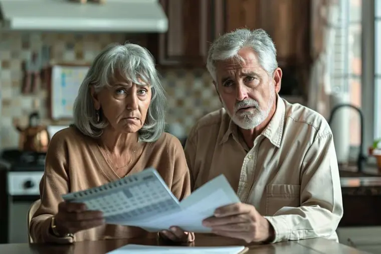 Couple retraité examinant des documents de couverture santé à domicile